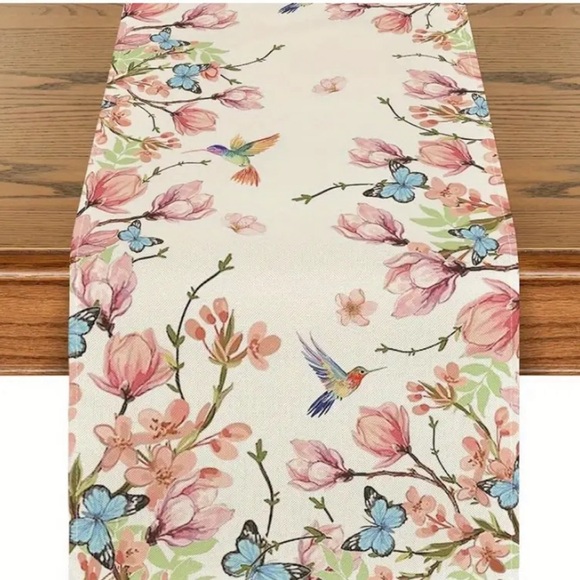 Other - New 13x72 Spring Summer Pink  Floral Table Runner W/ Hummingbirds & Butterfly